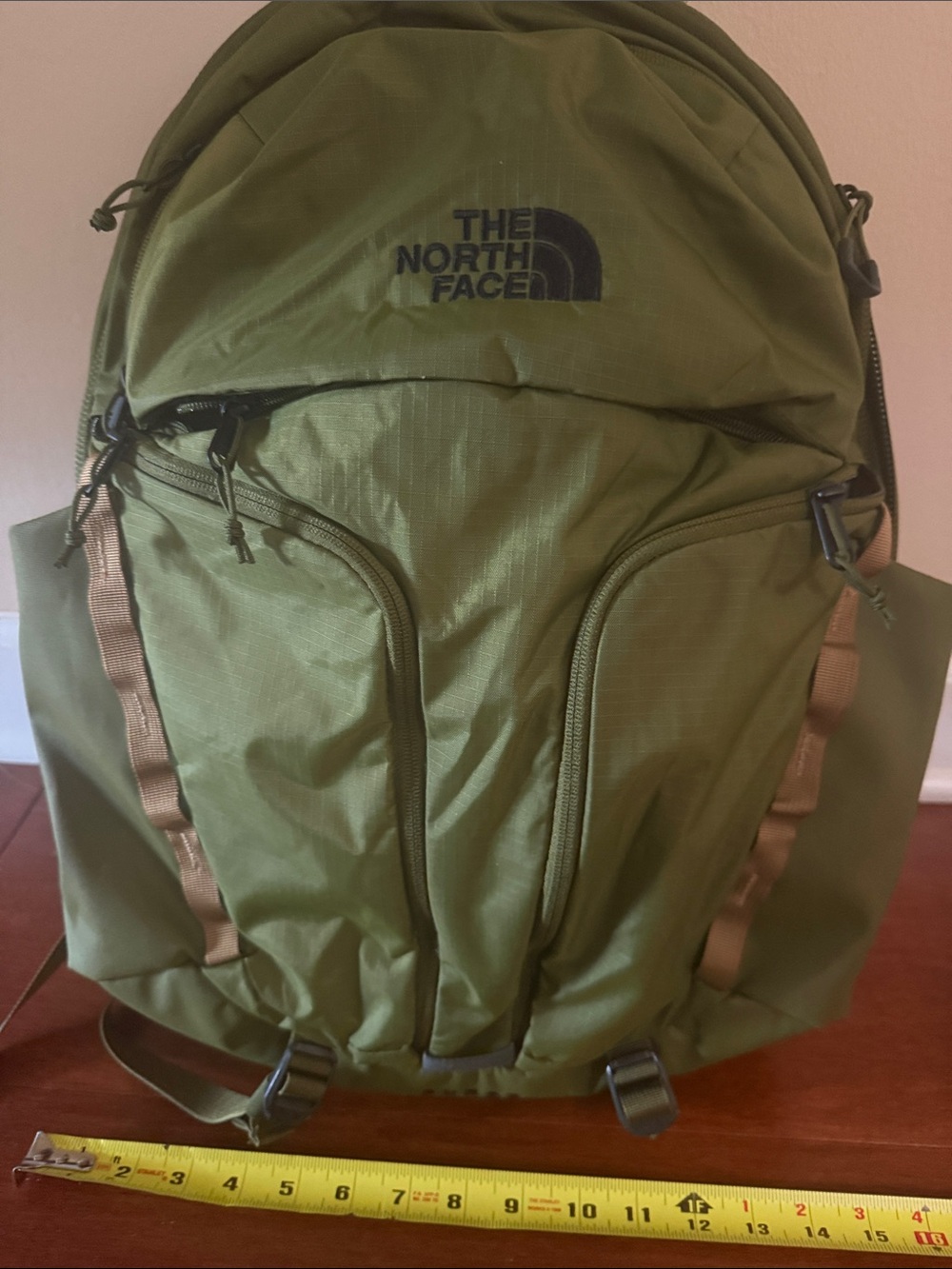 The North Face Olive Backpack with Tan Webbing